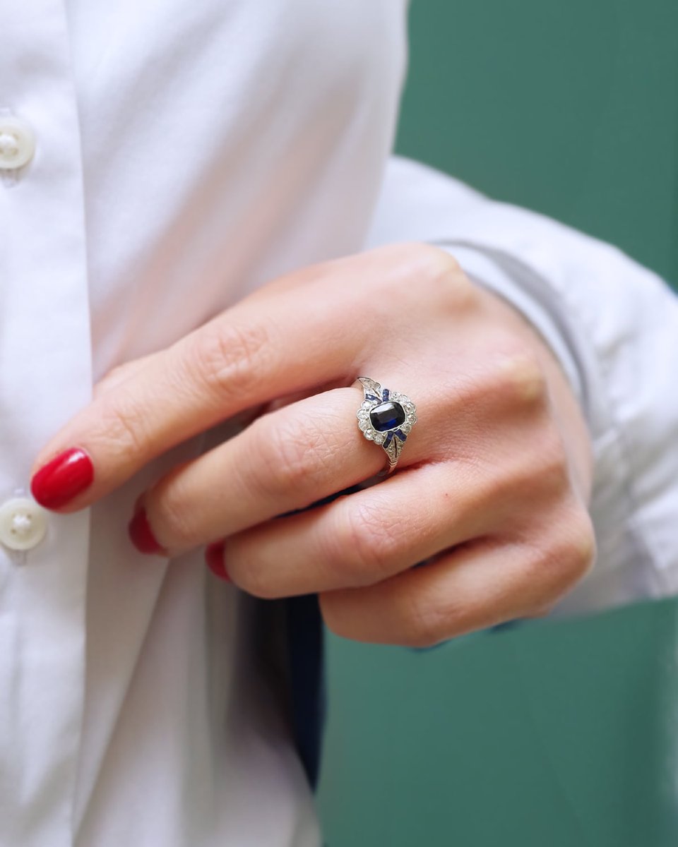 Bague Art Deco Saphir En Platine Et Or 18k, Bague De Fiançailles, Mariage, Bijoux Art Deco-photo-4