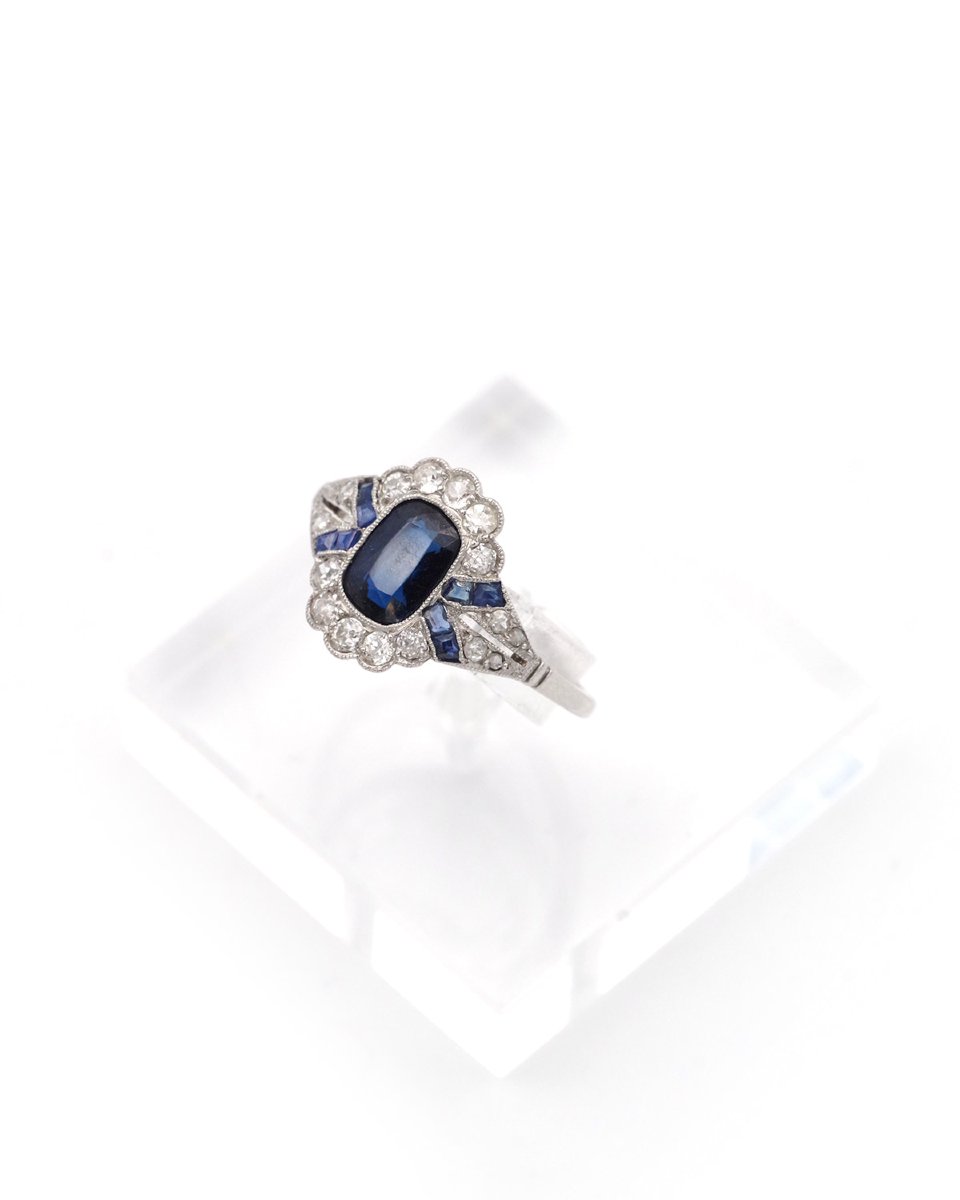 Bague Art Deco Saphir En Platine Et Or 18k, Bague De Fiançailles, Mariage, Bijoux Art Deco-photo-1