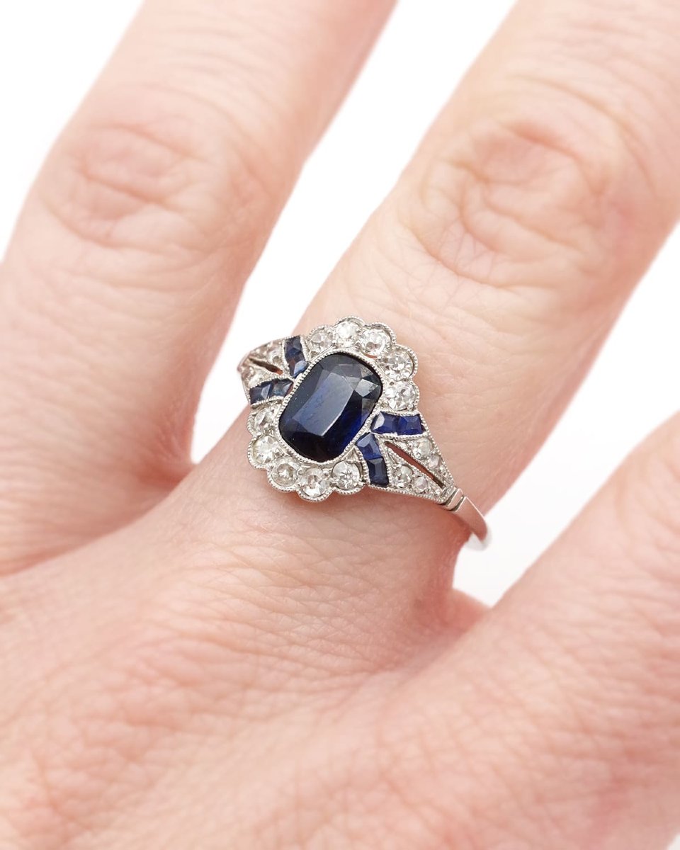 Bague Art Deco Saphir En Platine Et Or 18k, Bague De Fiançailles, Mariage, Bijoux Art Deco-photo-2