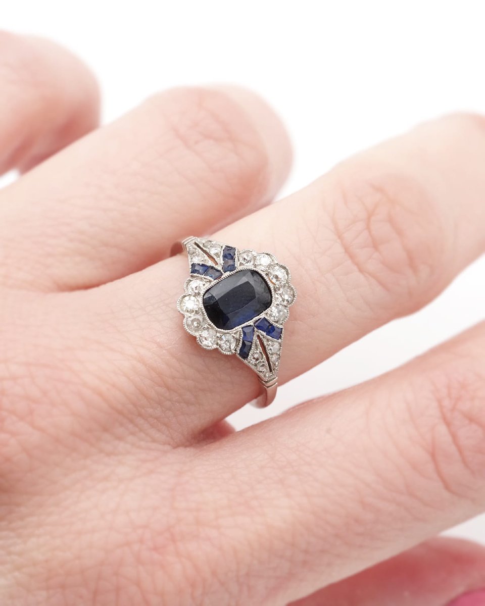 Bague Art Deco Saphir En Platine Et Or 18k, Bague De Fiançailles, Mariage, Bijoux Art Deco-photo-3