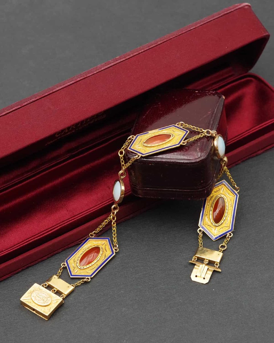 Bracelet Cornaline Premier Empire En Or 18k, Collier Ancien Vers 1810, Or émail, Bijou Ancien -photo-2