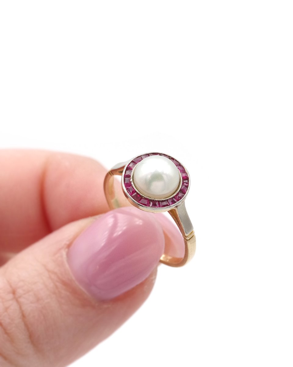 Bague Art Deco Halo Rubis Perle En Or 18 Karats Et Platine, Bague Cible, Rubis Synthétiques-photo-2