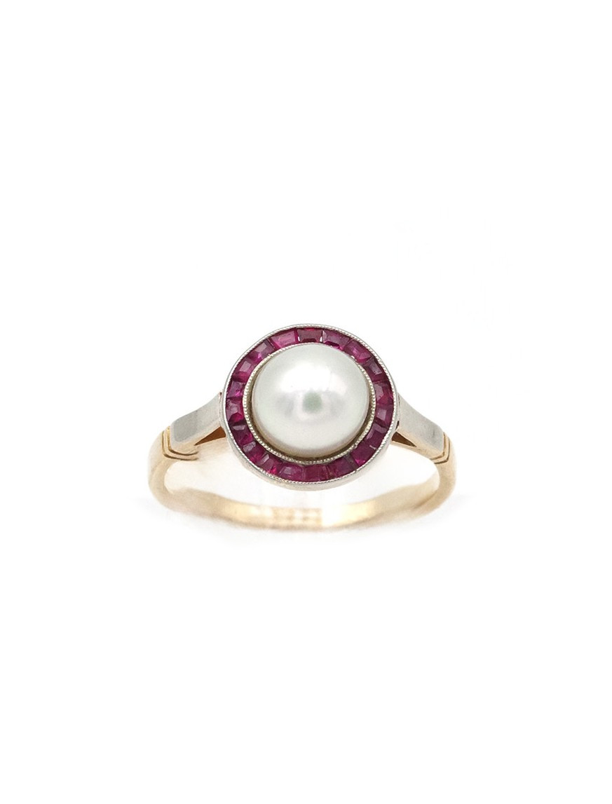 Bague Art Deco Halo Rubis Perle En Or 18 Karats Et Platine, Bague Cible, Rubis Synthétiques