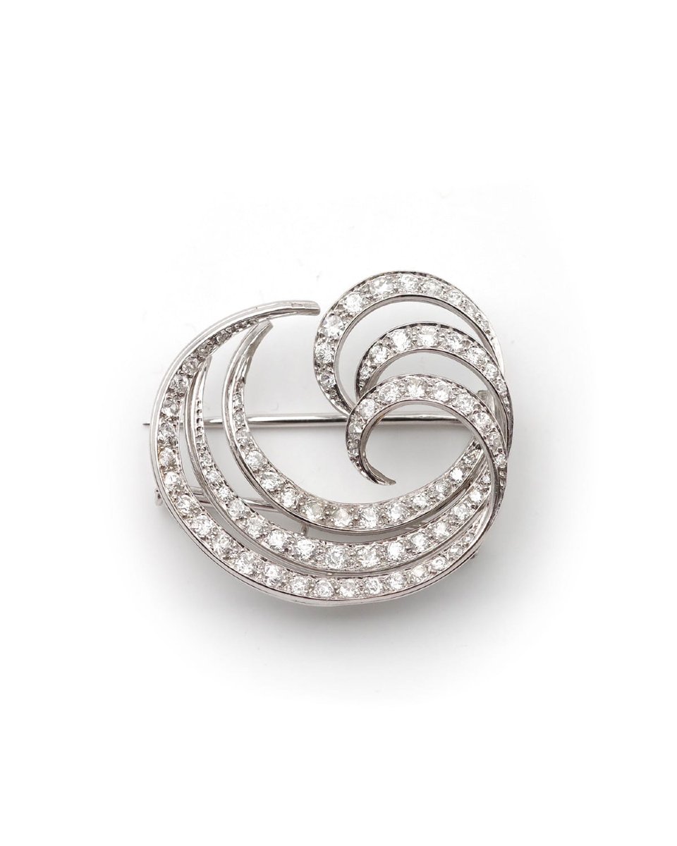 Late Art Deco Wave 4 Ct Diamond Brooch, Platinum Gold Modernist Retro Feather Pin-photo-3