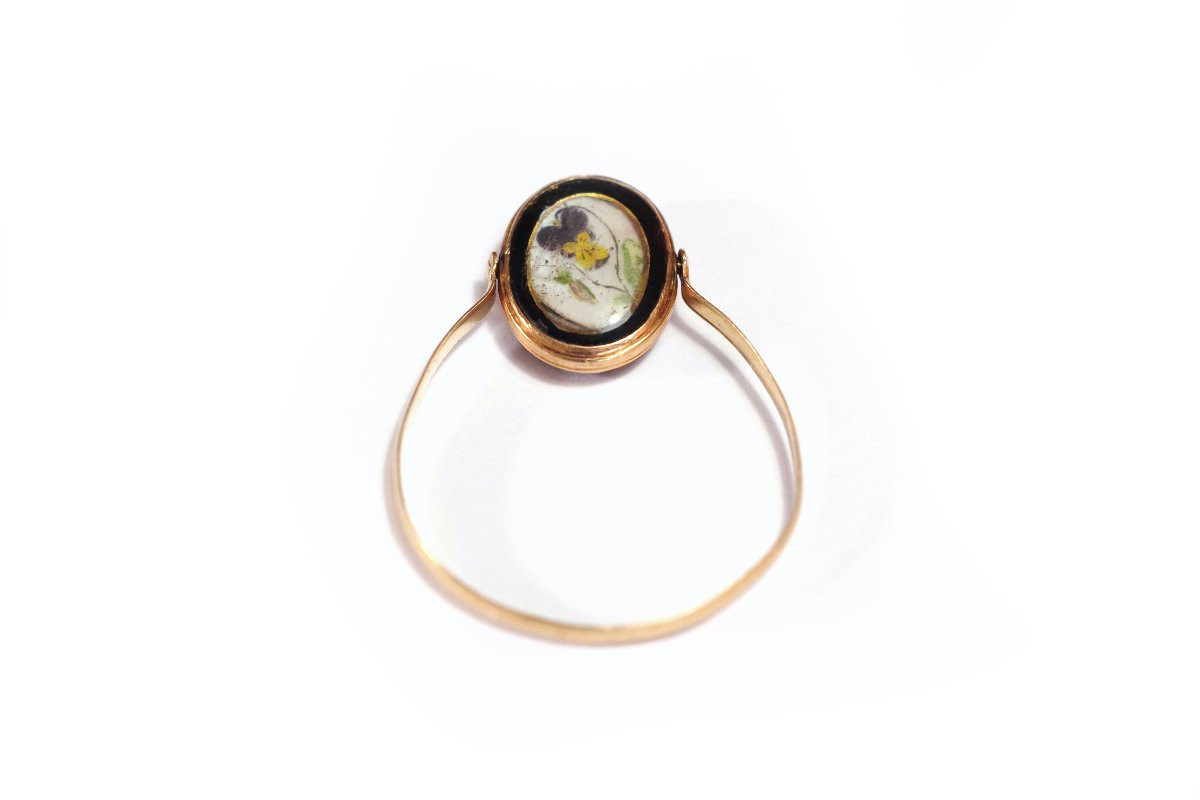 Bague Pivotante Ancienne En Or 18k, Fleur Pensée, Portrait Dame-photo-4
