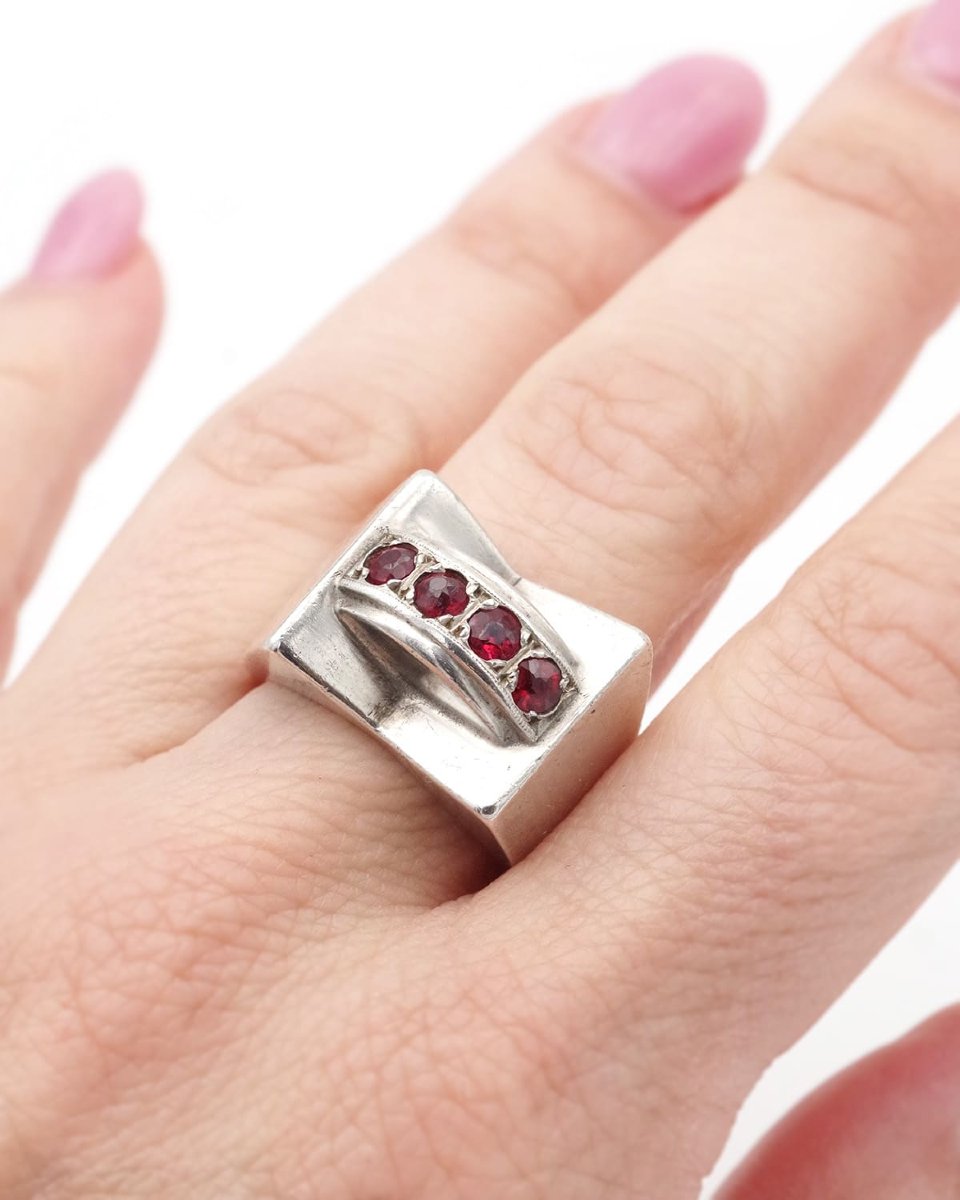 Bague Tank Grenats En Argent 800, Bague Rétro, Bijoux En Argent, Tank-photo-1