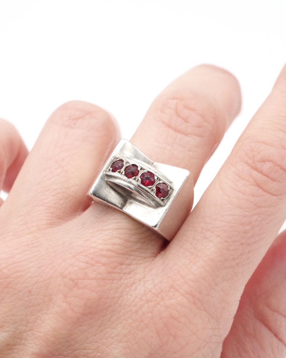 Bague Tank Grenats En Argent 800, Bague Rétro, Bijoux En Argent, Tank-photo-2