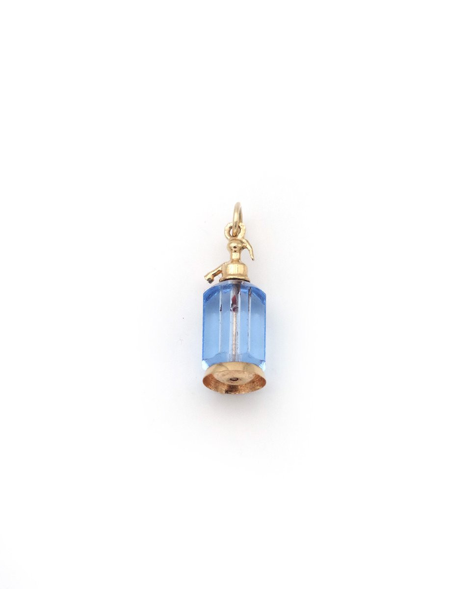 18k Gold Siphon Charm Pendant, Vintage Charm, Bottle, Soda Siphon, Blue Glass -photo-4