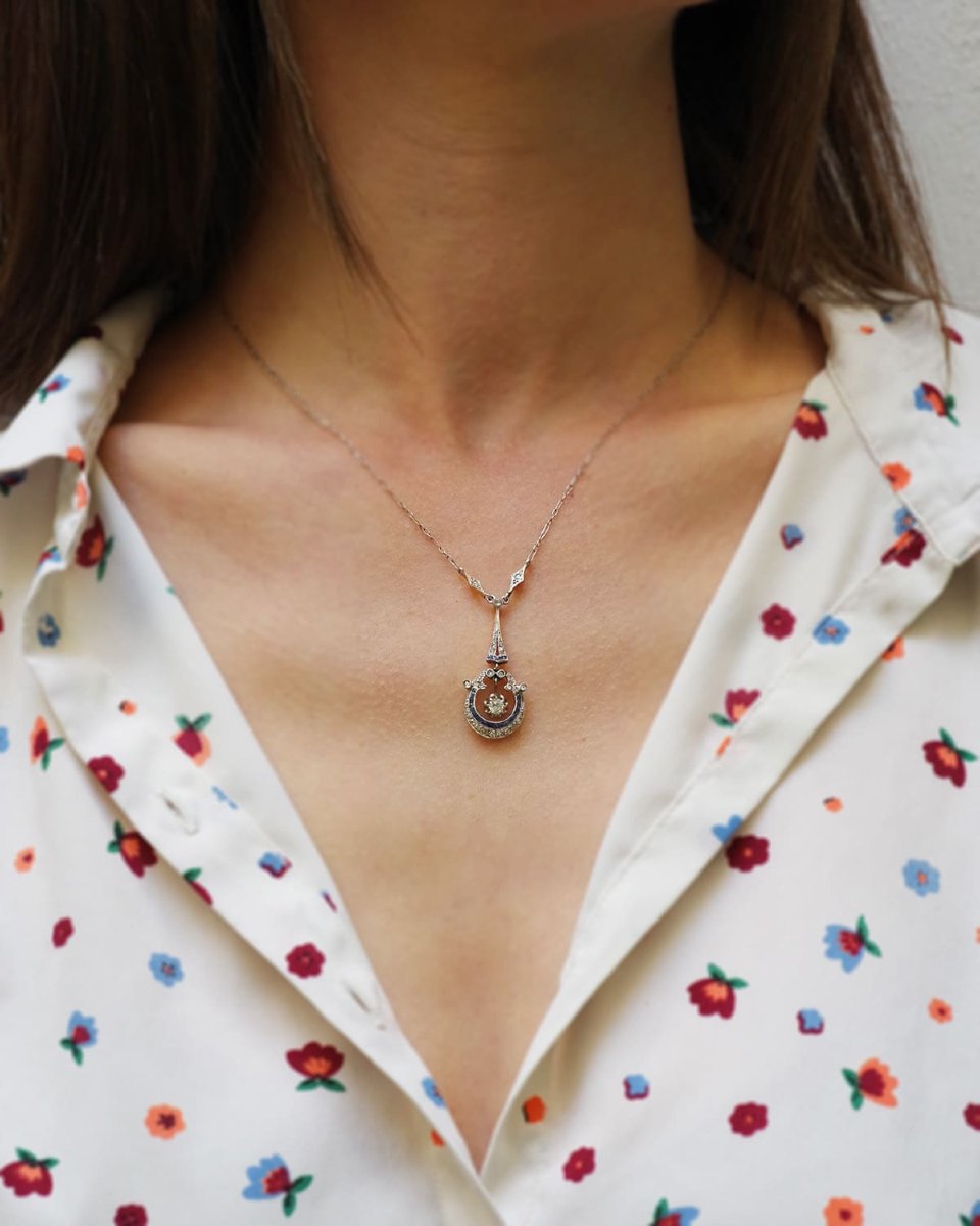 Collier Belle Epoque saphirs diamants en platine et or 18k, collier diamants, collier ancien-photo-2