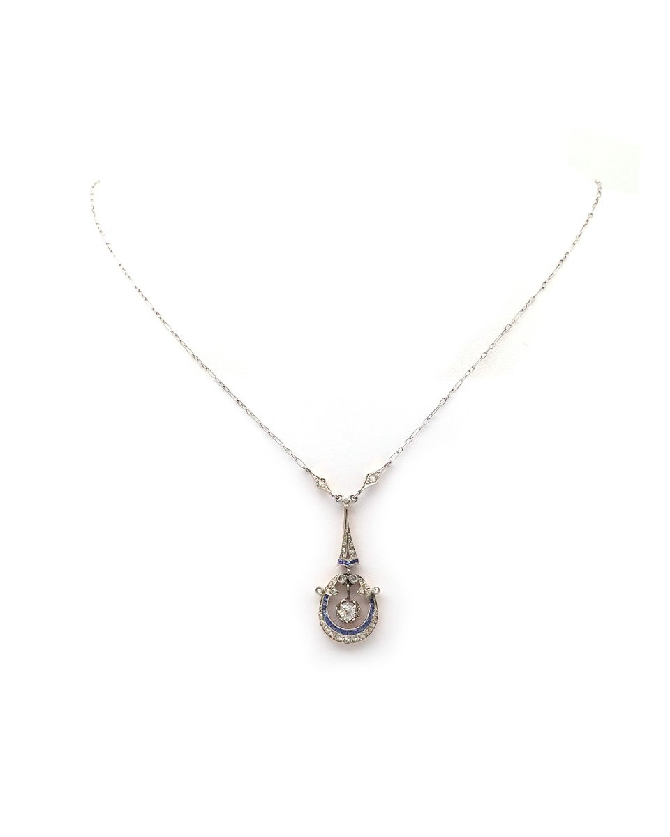 Collier Belle Epoque saphirs diamants en platine et or 18k, collier diamants, collier ancien-photo-4