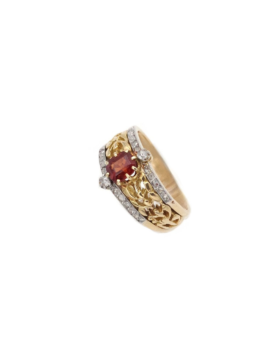 Bague Art Nouveau Gui Grenat En Or 18k Et Platine, Grenat Hessonite Et Diamant, Bague Bandeau-photo-2