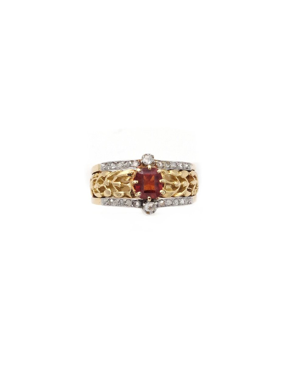 Bague Art Nouveau Gui Grenat En Or 18k Et Platine, Grenat Hessonite Et Diamant, Bague Bandeau-photo-3