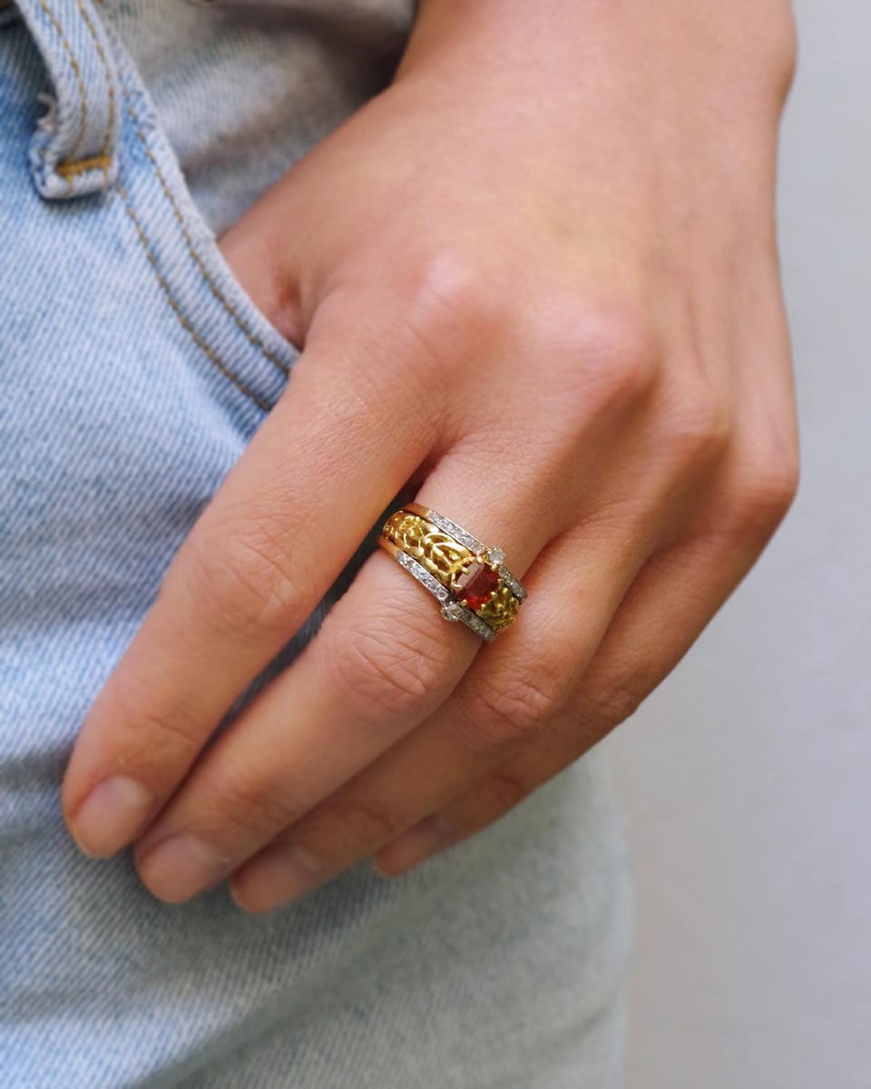 Bague Art Nouveau Gui Grenat En Or 18k Et Platine, Grenat Hessonite Et Diamant, Bague Bandeau-photo-4