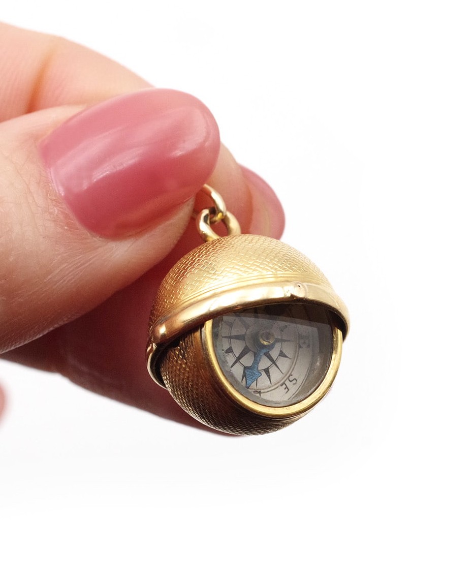 Compass Ball Pendant 18k Gold Compass Ball Pendant, Edwardian Swivel Pendant
