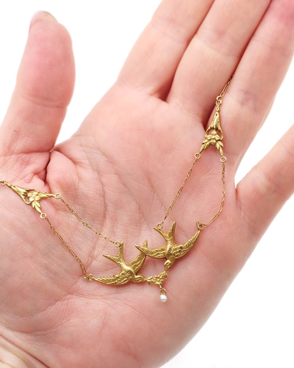 Swallows Art Nouveau French Necklace In 18k Gold, Natural Pearls Birds Drapery Necklace-photo-4