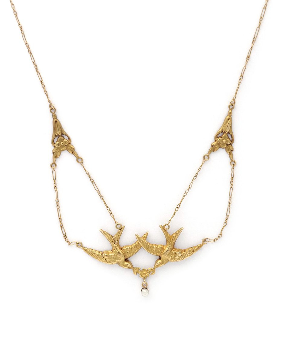 Swallows Art Nouveau French Necklace In 18k Gold, Natural Pearls Birds Drapery Necklace-photo-2