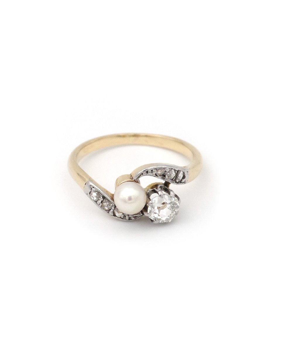 Toi Et Moi Ring With Diamond Pearls In 18k Gold And Platinum, Belle Epoque Ring, Antique Jewelry-photo-2