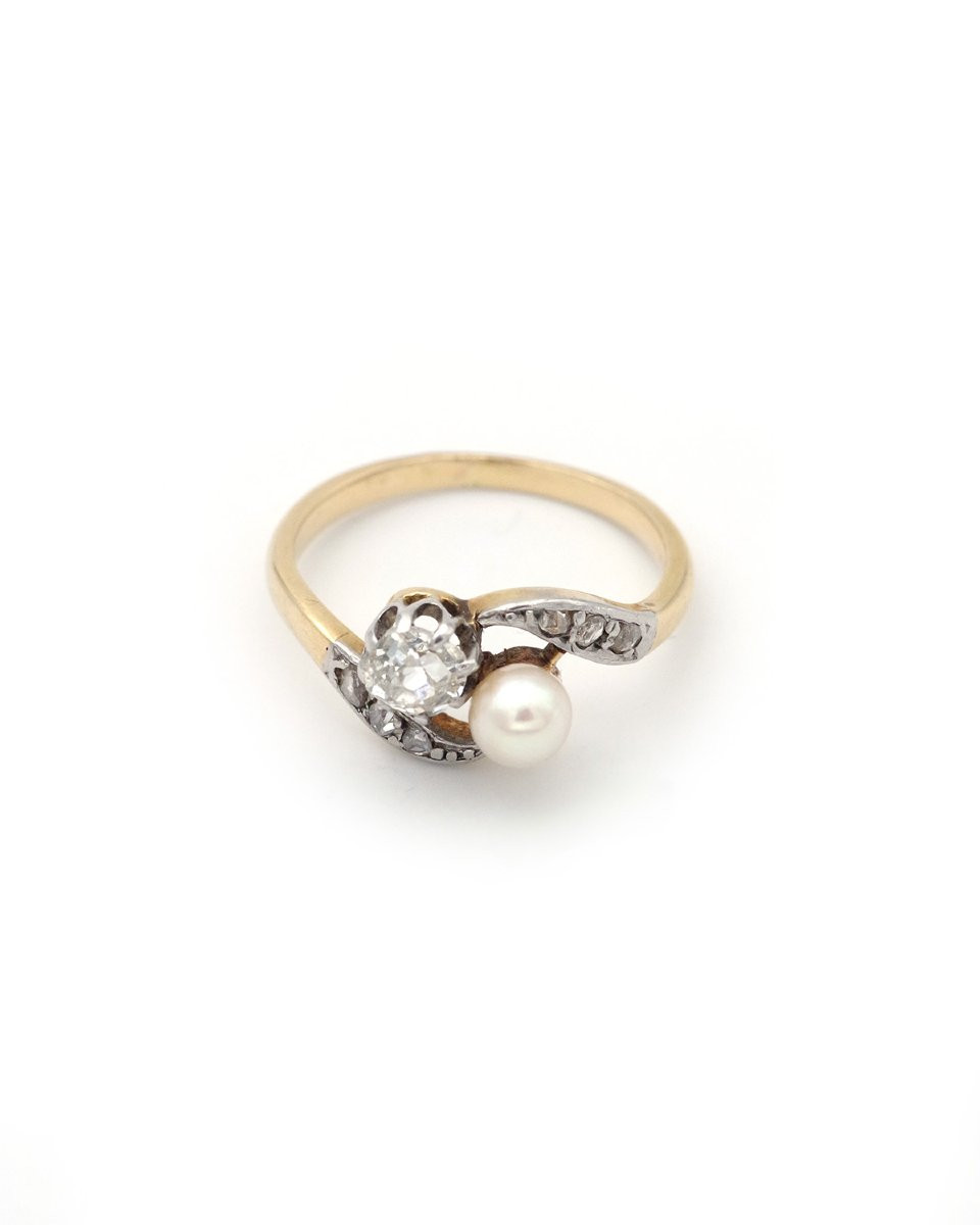Toi Et Moi Ring With Diamond Pearls In 18k Gold And Platinum, Belle Epoque Ring, Antique Jewelry-photo-4