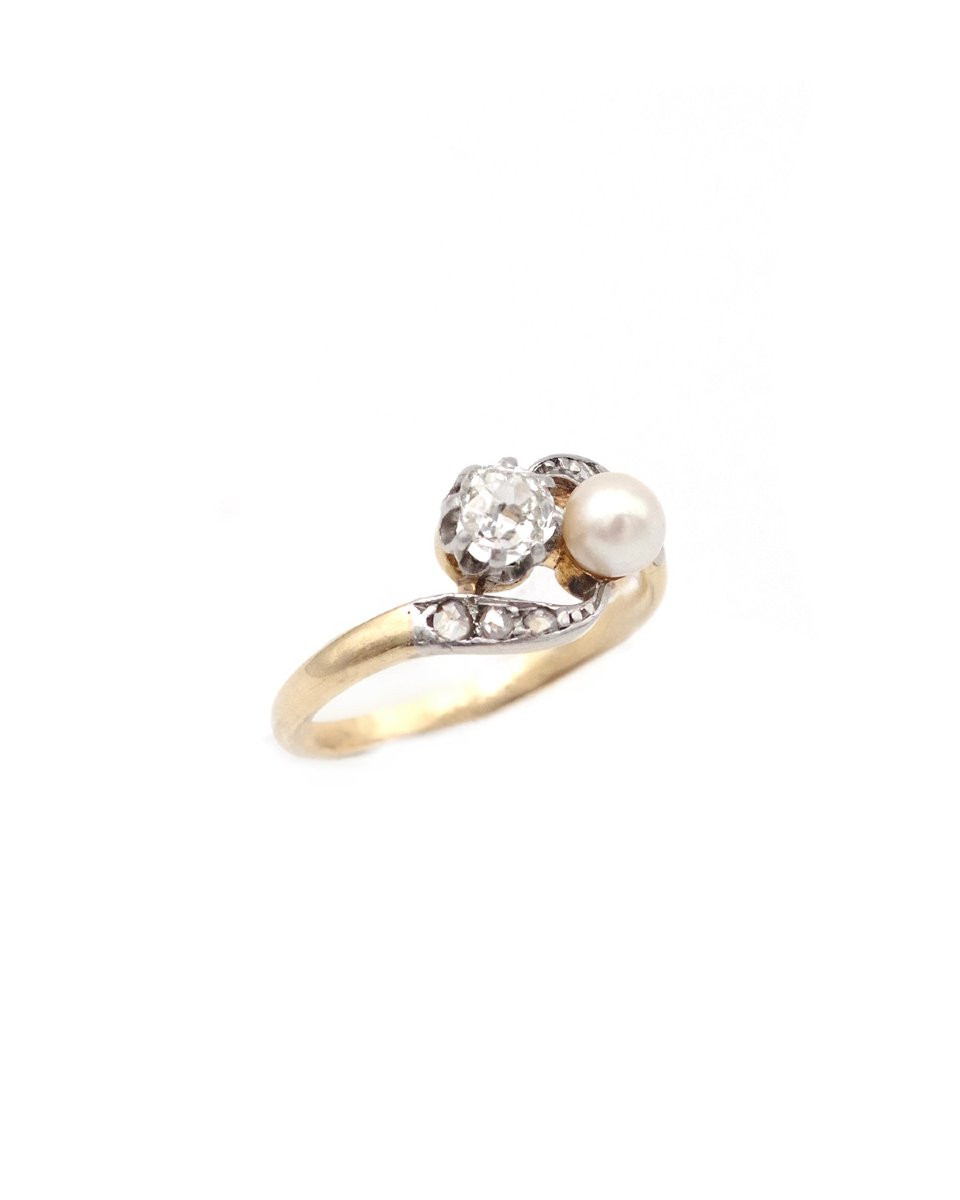 Toi Et Moi Ring With Diamond Pearls In 18k Gold And Platinum, Belle Epoque Ring, Antique Jewelry-photo-1
