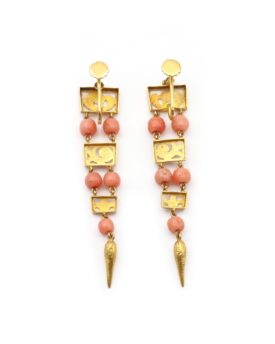 Long Georgian Italian Earrings 18k Gold, Etruscan Revival Antique Pendants, Coral Earrings-photo-3
