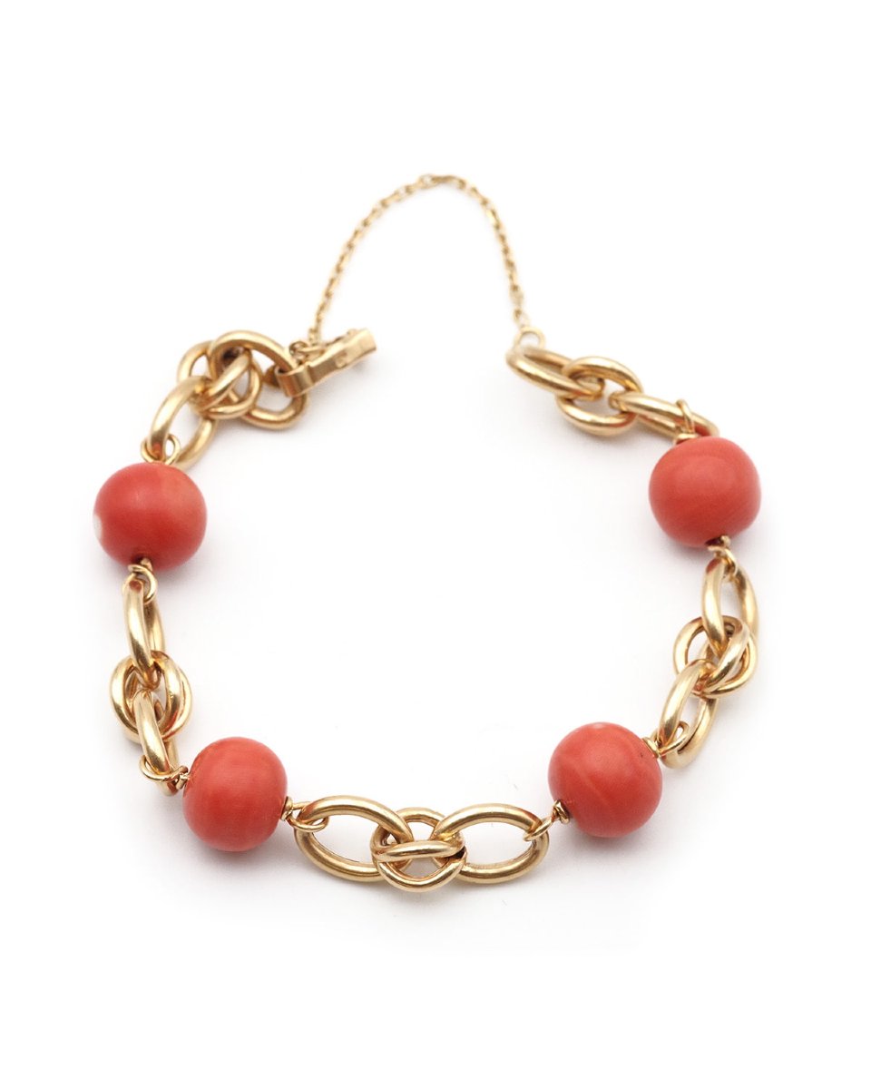 Bracelet perles de corail en or jaune 18k, bracelet années 60, 70, mailles ovales fantaisies-photo-4