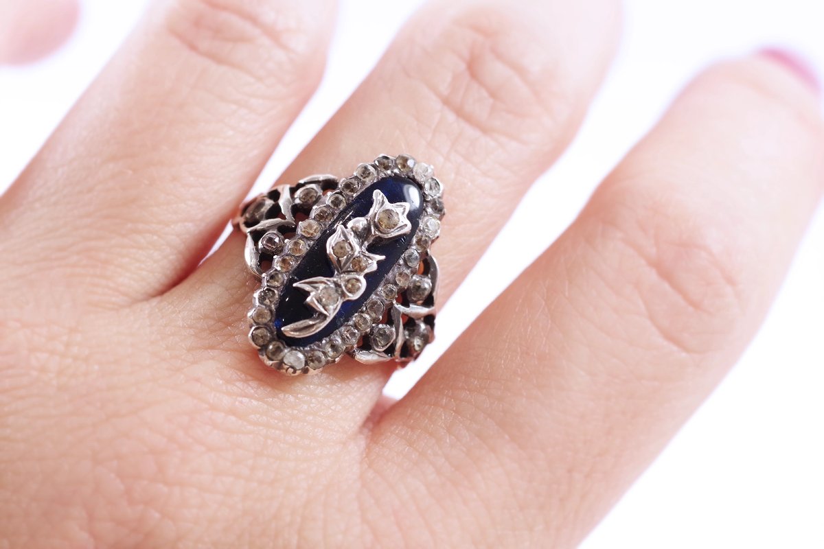 Victorian Bristol Blue Ring In 18k Gold And Silver, Antique Marquise Ring, Flower, Paste Ring-photo-4