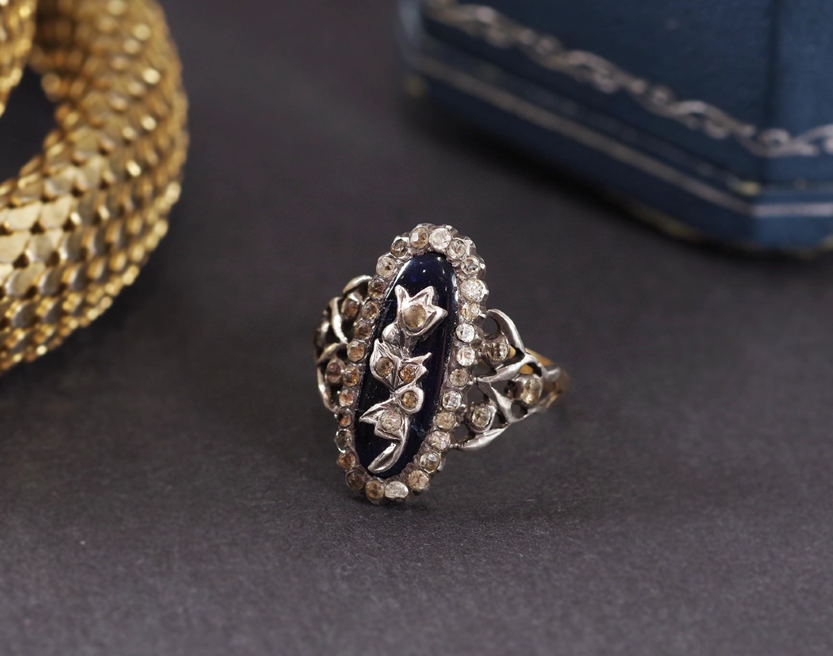 Victorian Bristol Blue Ring In 18k Gold And Silver, Antique Marquise Ring, Flower, Paste Ring