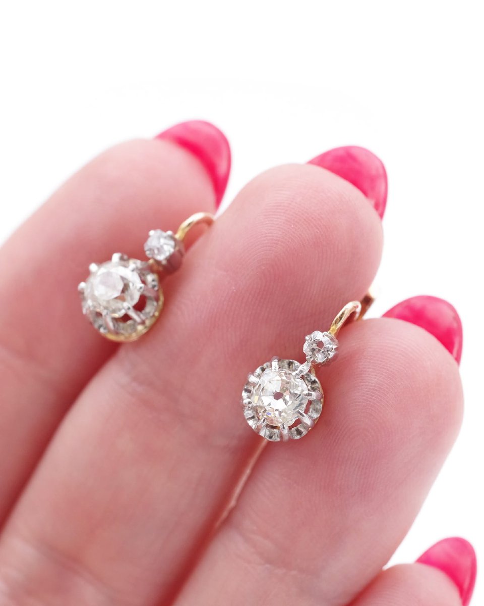 Victorian Antique 0.90 Ct Diamond Drop Earrings, Sleepers Earrings, French Drop Earrings-photo-2