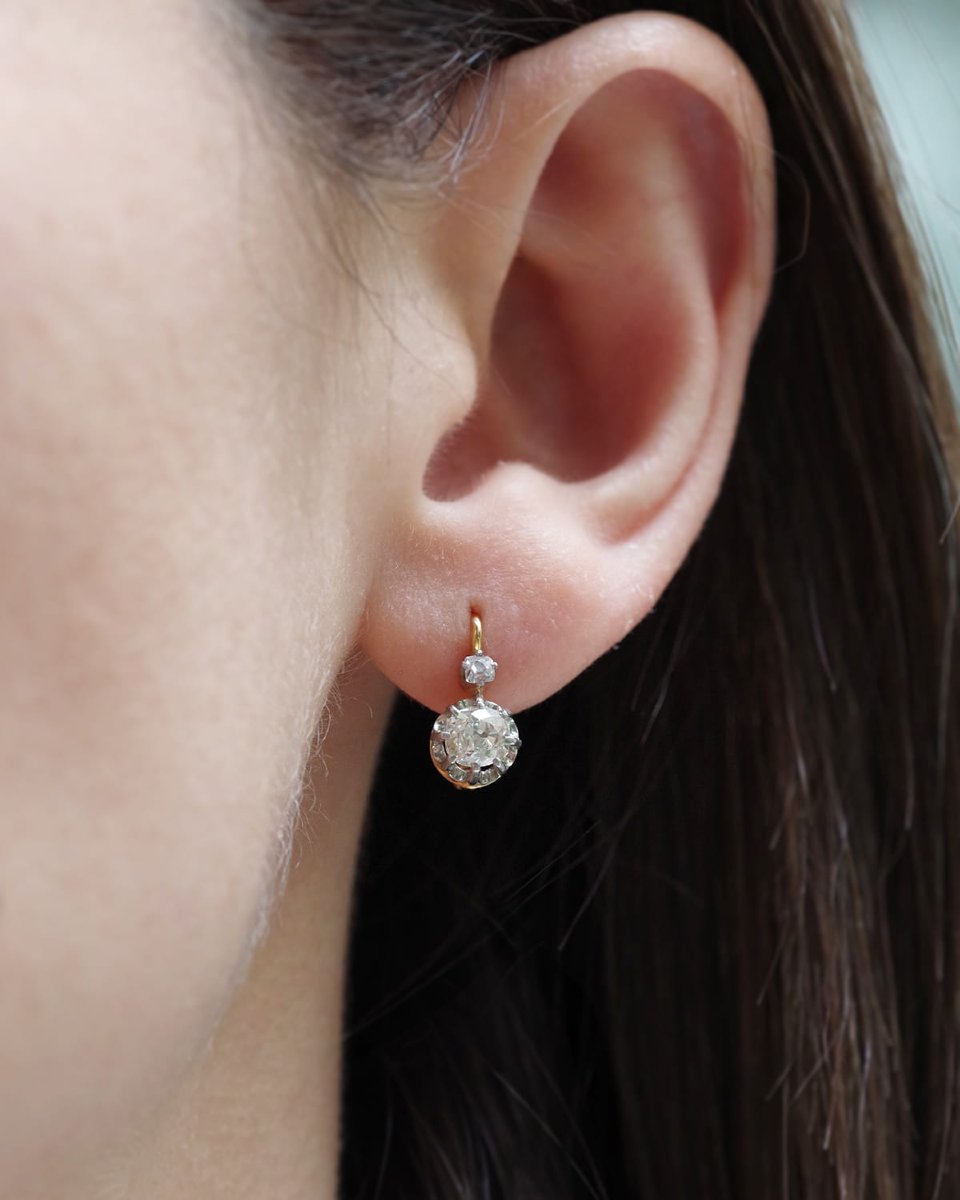 Victorian Antique 0.90 Ct Diamond Drop Earrings, Sleepers Earrings, French Drop Earrings-photo-2