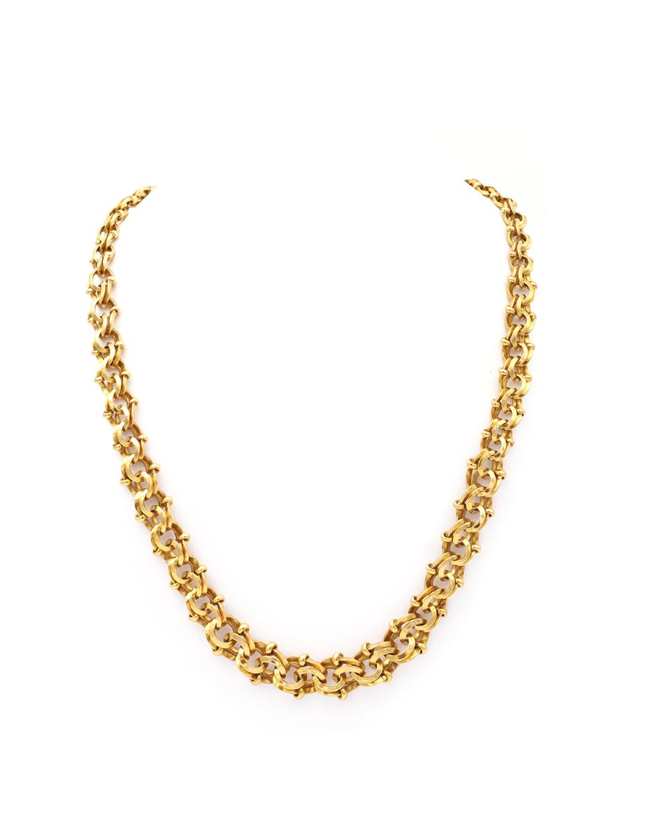 Important collier double maille en or jaune 18k, or massif, maille ancienne-photo-3