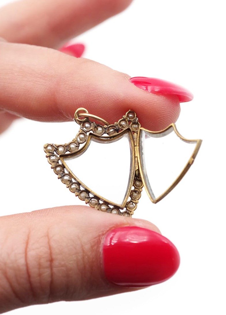 French Georgian Antique Shield Locket In 18k Gold, With Natural Pearl Pendant, Napoleon 1st