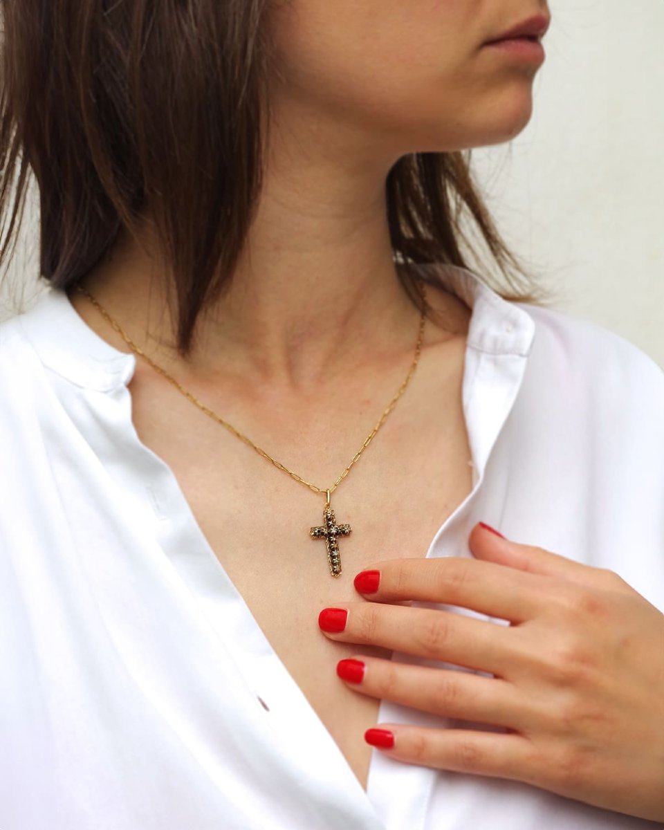 Pendentif religieux croix en or et argent, diamants taille rose, bijou religieux-photo-3
