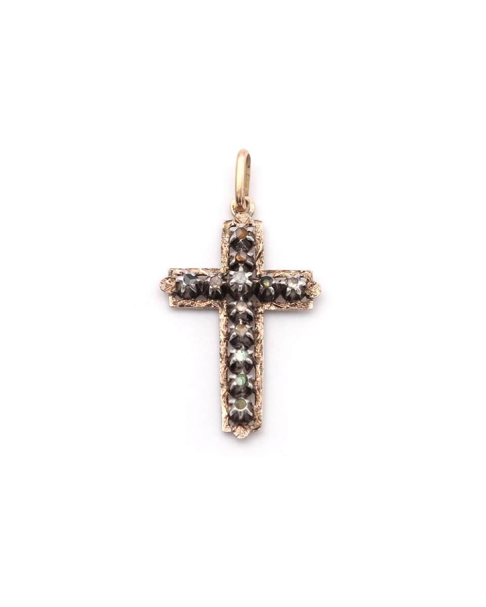 Pendentif religieux croix en or et argent, diamants taille rose, bijou religieux-photo-4