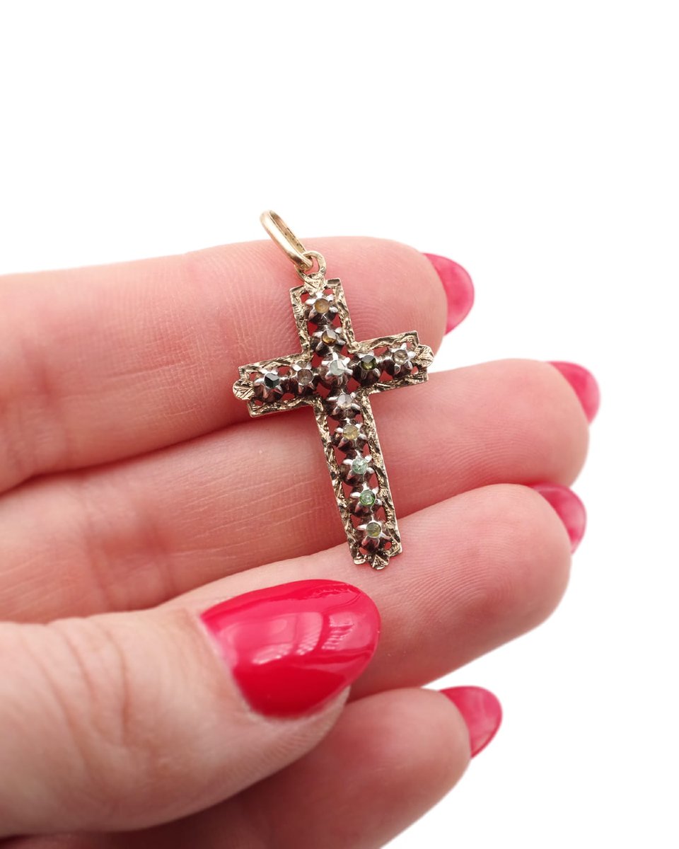 Pendentif religieux croix en or et argent, diamants taille rose, bijou religieux-photo-2