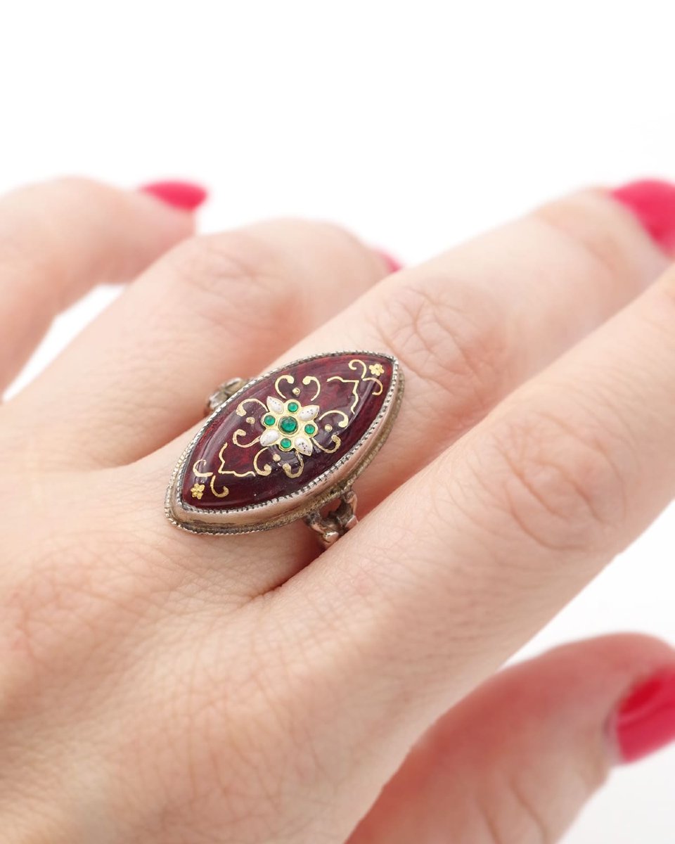 Antique French Regional Bresse Red Enamel Ring Silver, Burgundy, French Regional Ring-photo-1