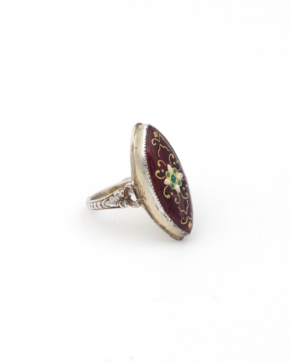 Antique French Regional Bresse Red Enamel Ring Silver, Burgundy, French Regional Ring-photo-2