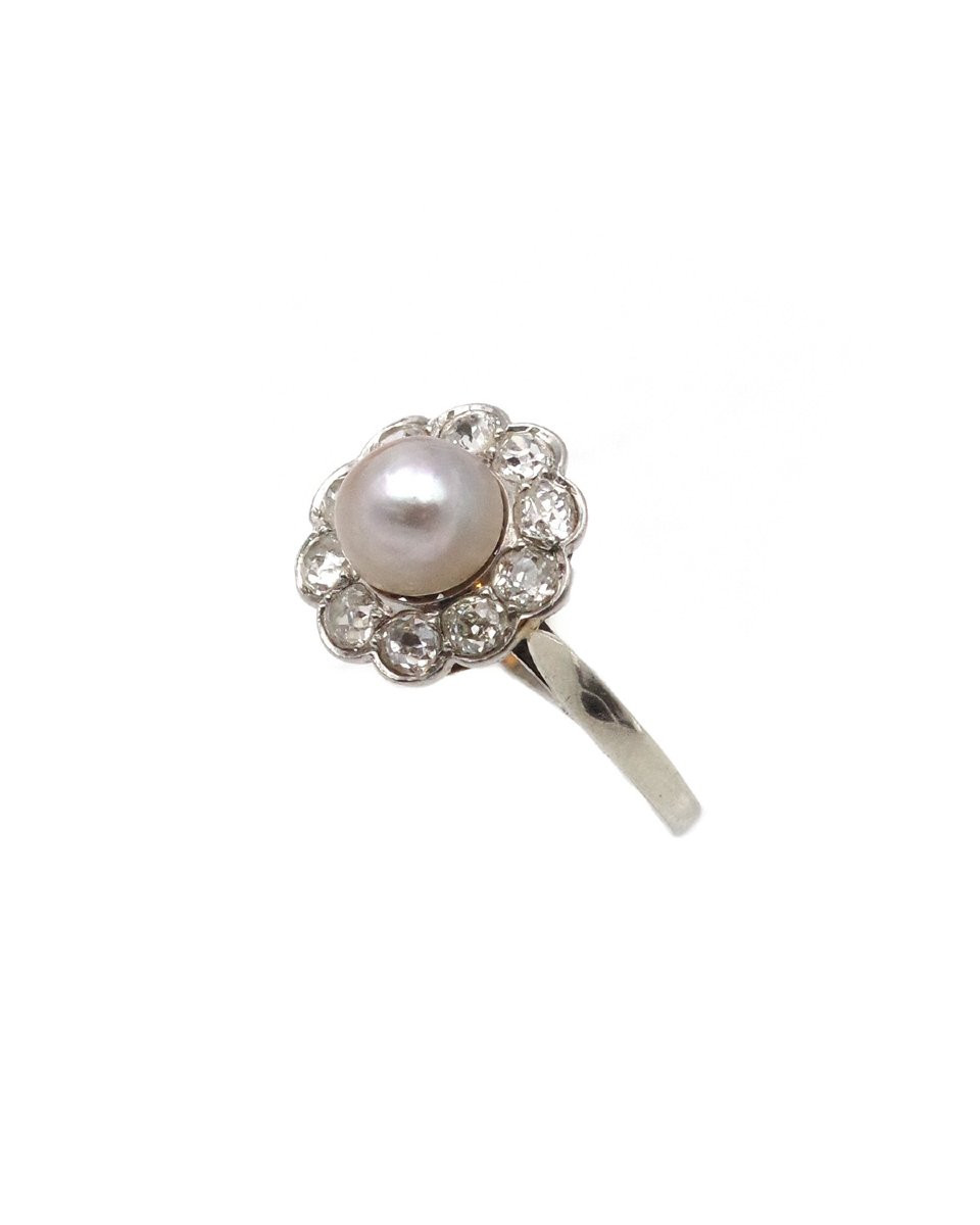 Belle Epoque Natural Pearl Diamond Cluster Ring 18k Gold And Platinum, Certified Natural Pearl-photo-2