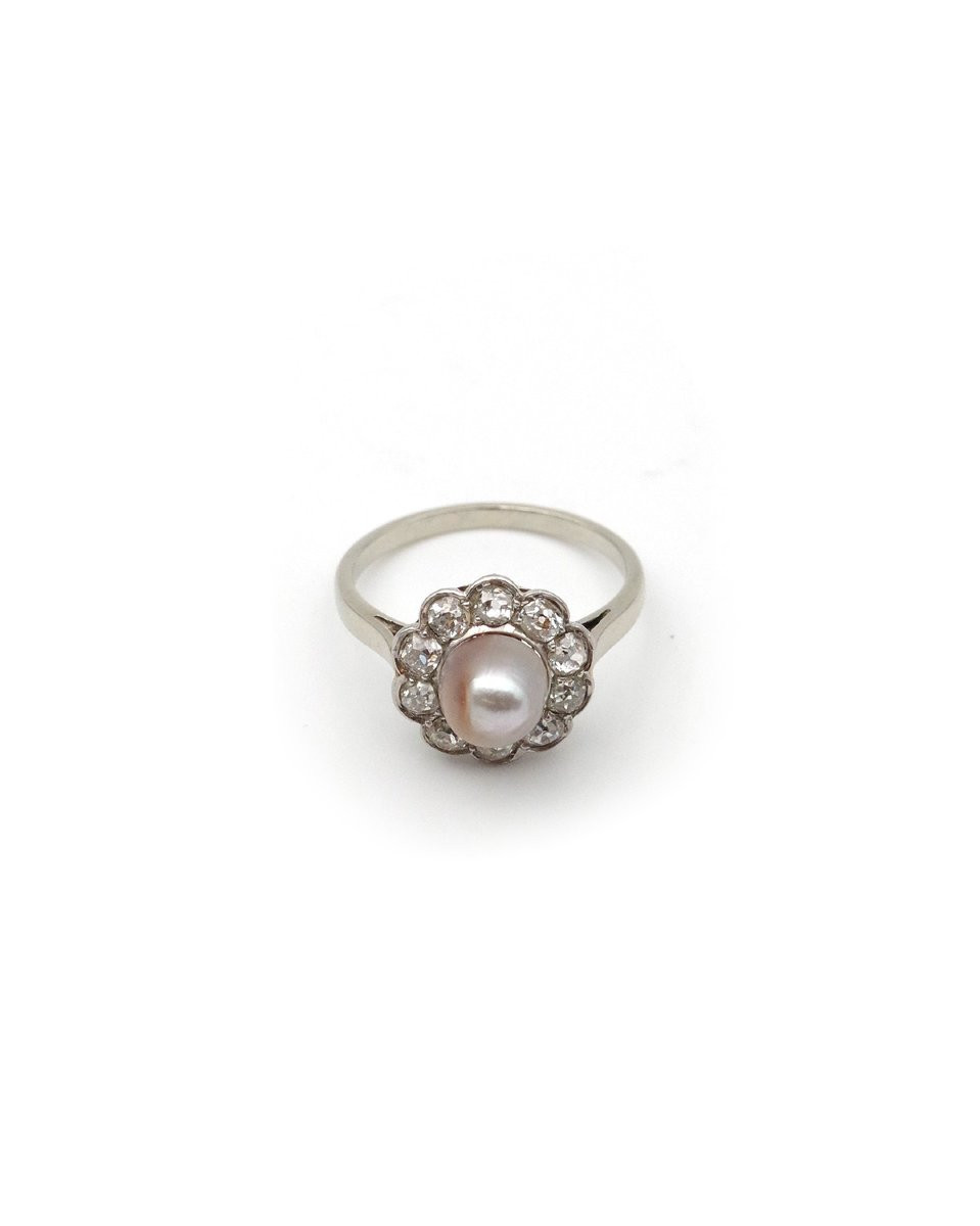 Belle Epoque Natural Pearl Diamond Cluster Ring 18k Gold And Platinum, Certified Natural Pearl-photo-3