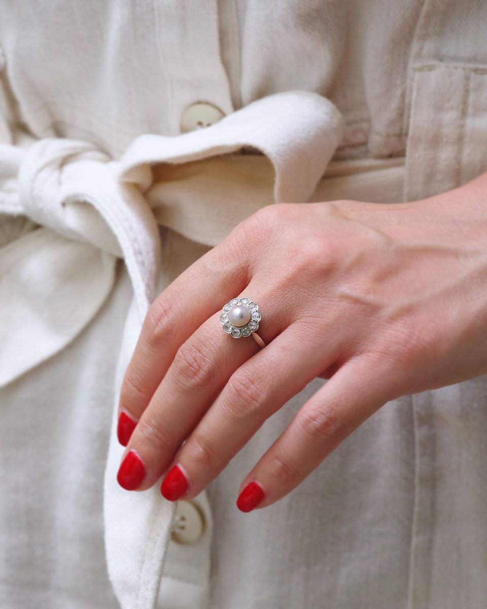 Belle Epoque Natural Pearl Diamond Cluster Ring 18k Gold And Platinum, Certified Natural Pearl-photo-1