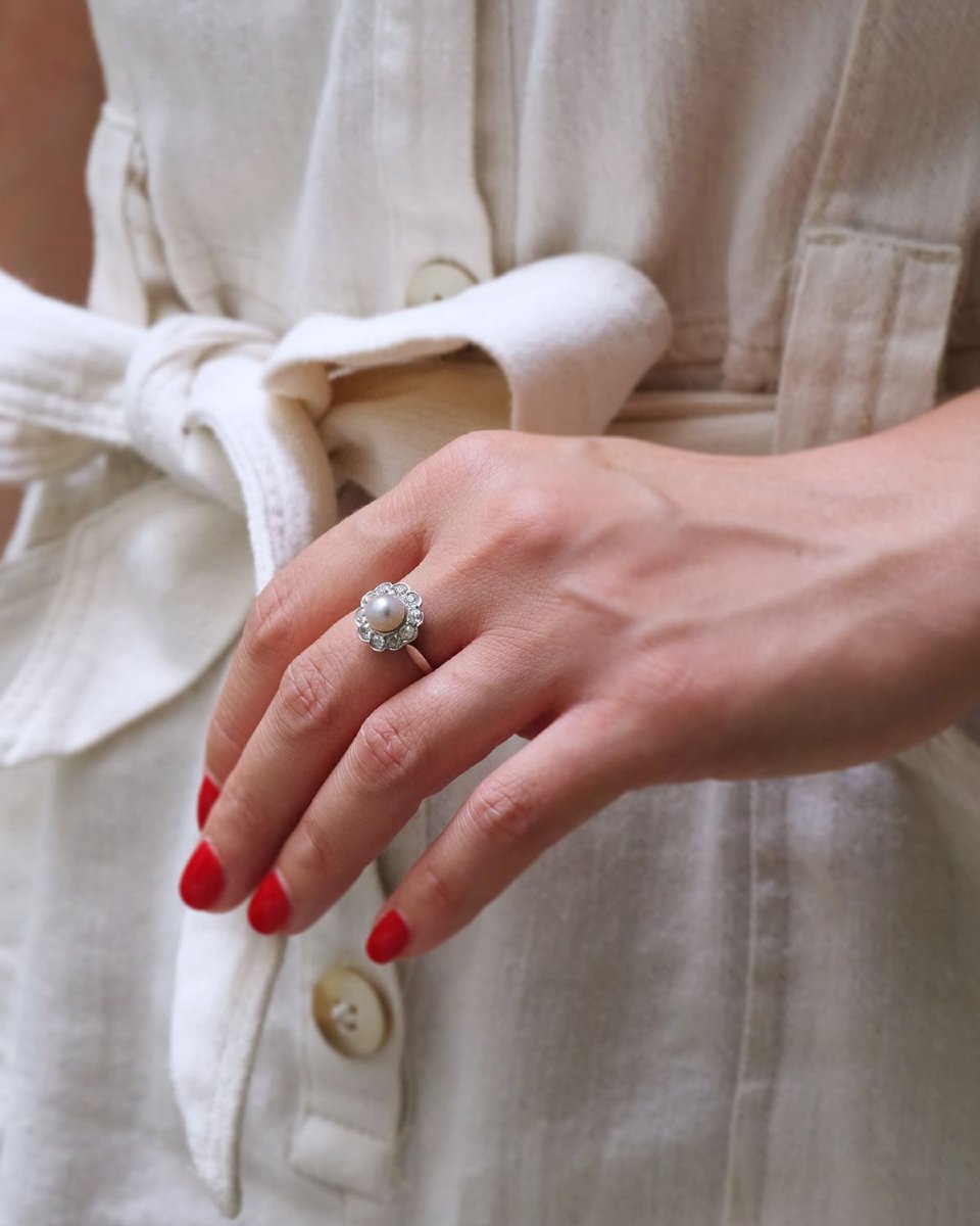 Belle Epoque Natural Pearl Diamond Cluster Ring 18k Gold And Platinum, Certified Natural Pearl-photo-2