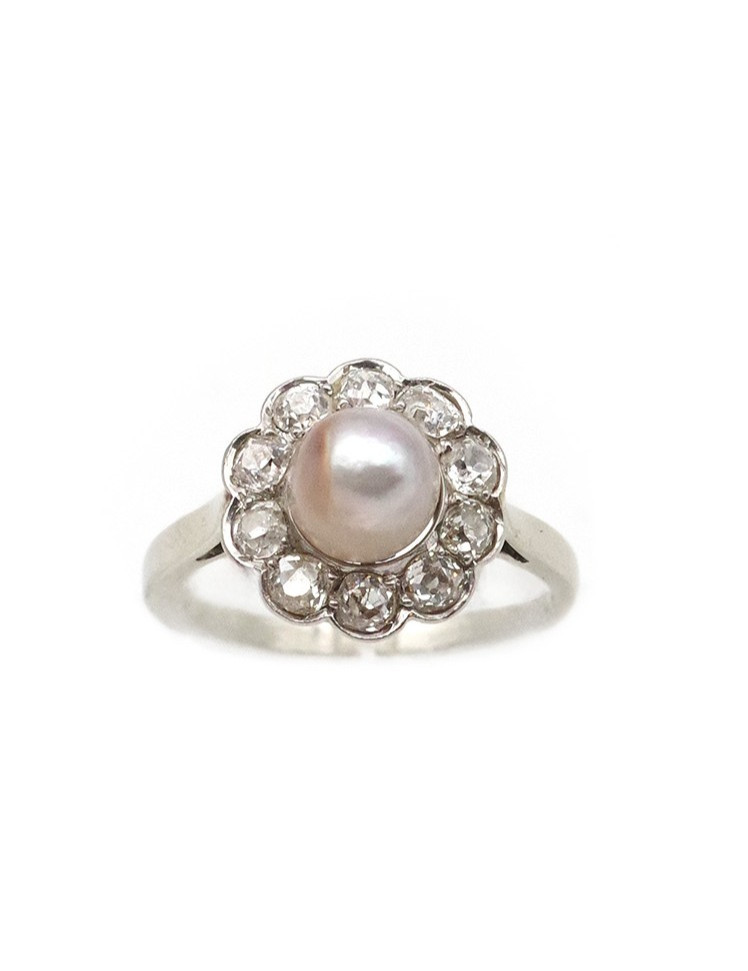Belle Epoque Natural Pearl Diamond Cluster Ring 18k Gold And Platinum, Certified Natural Pearl