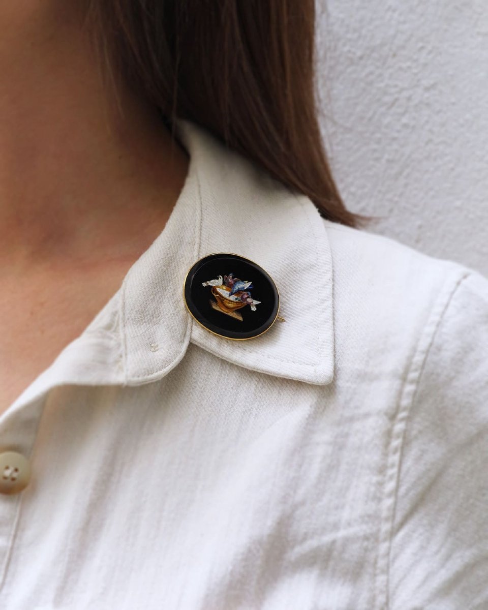 Victorian Grand Tour Micro Mosaic Brooch In 18k Gold, Doves Of Pliny, Antique Micro-mosaic-photo-2