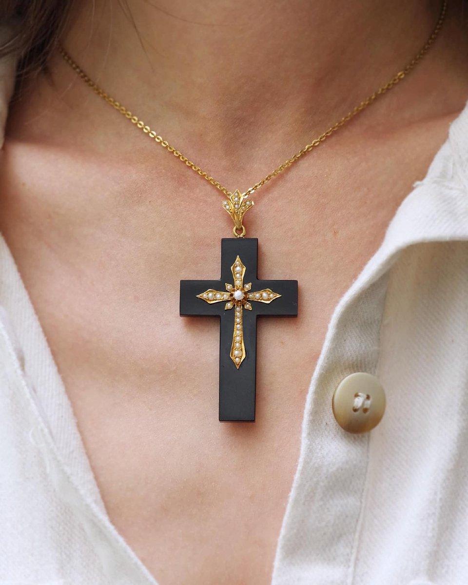 Pendentif croix onyx et perles en or 18k, croix souvenir ancienne, Second Empire, Napoléon III-photo-4