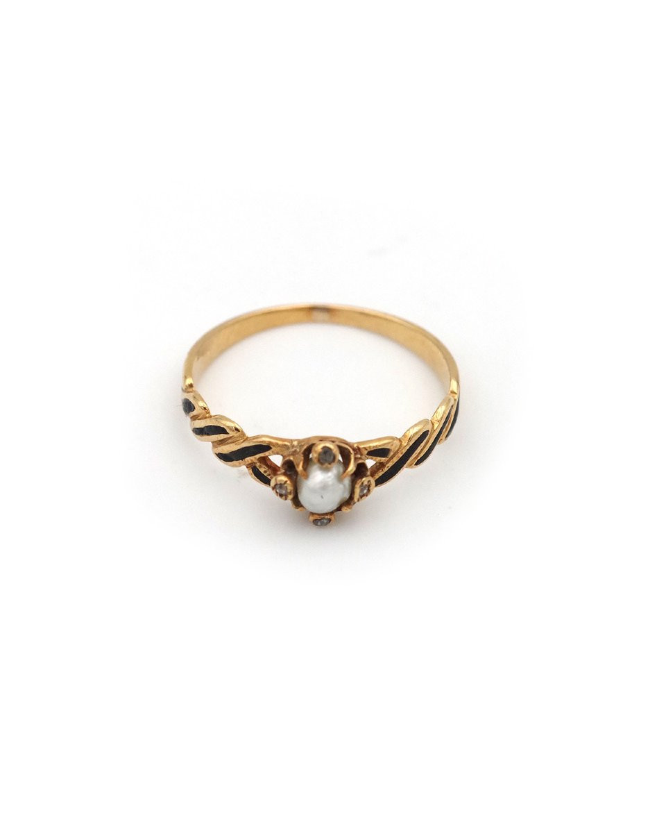 Bague perle émail noir et diamants en or 18k, Bague Napoléon III, perle fine, diamants-photo-4
