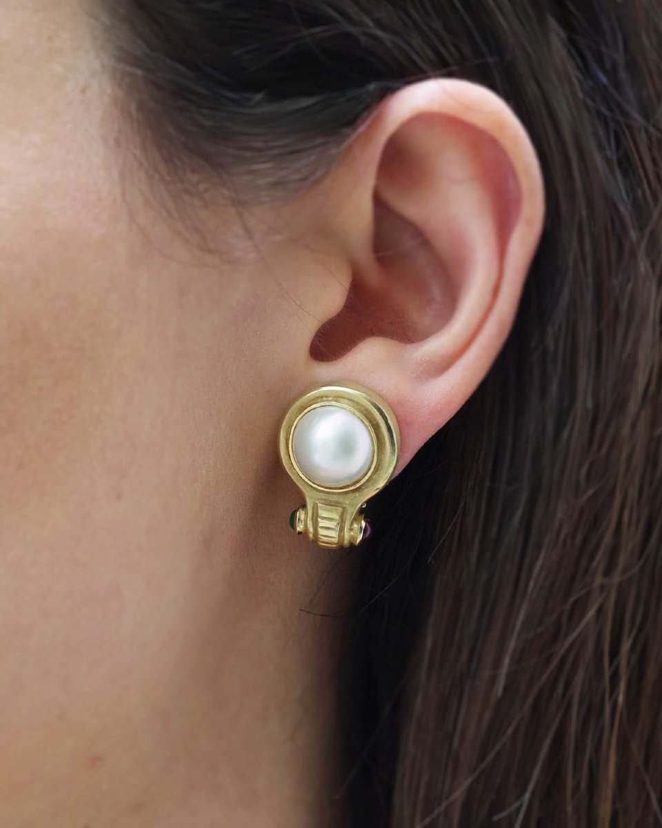 Clous d'oreille perle, rubis et chrysoprase en or mat 14k, boucles d'oreille fashion, vintage-photo-4