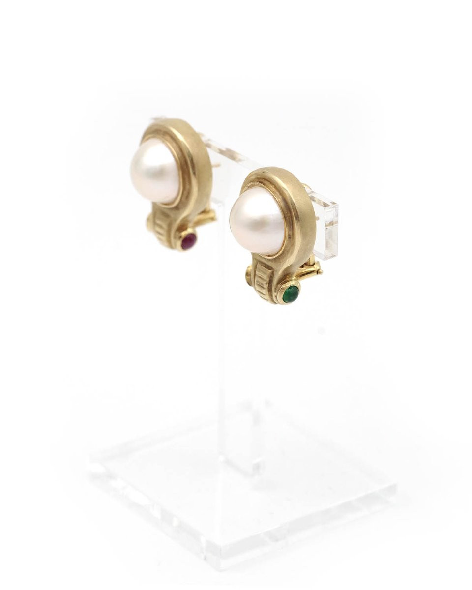 Clous d'oreille perle, rubis et chrysoprase en or mat 14k, boucles d'oreille fashion, vintage-photo-1