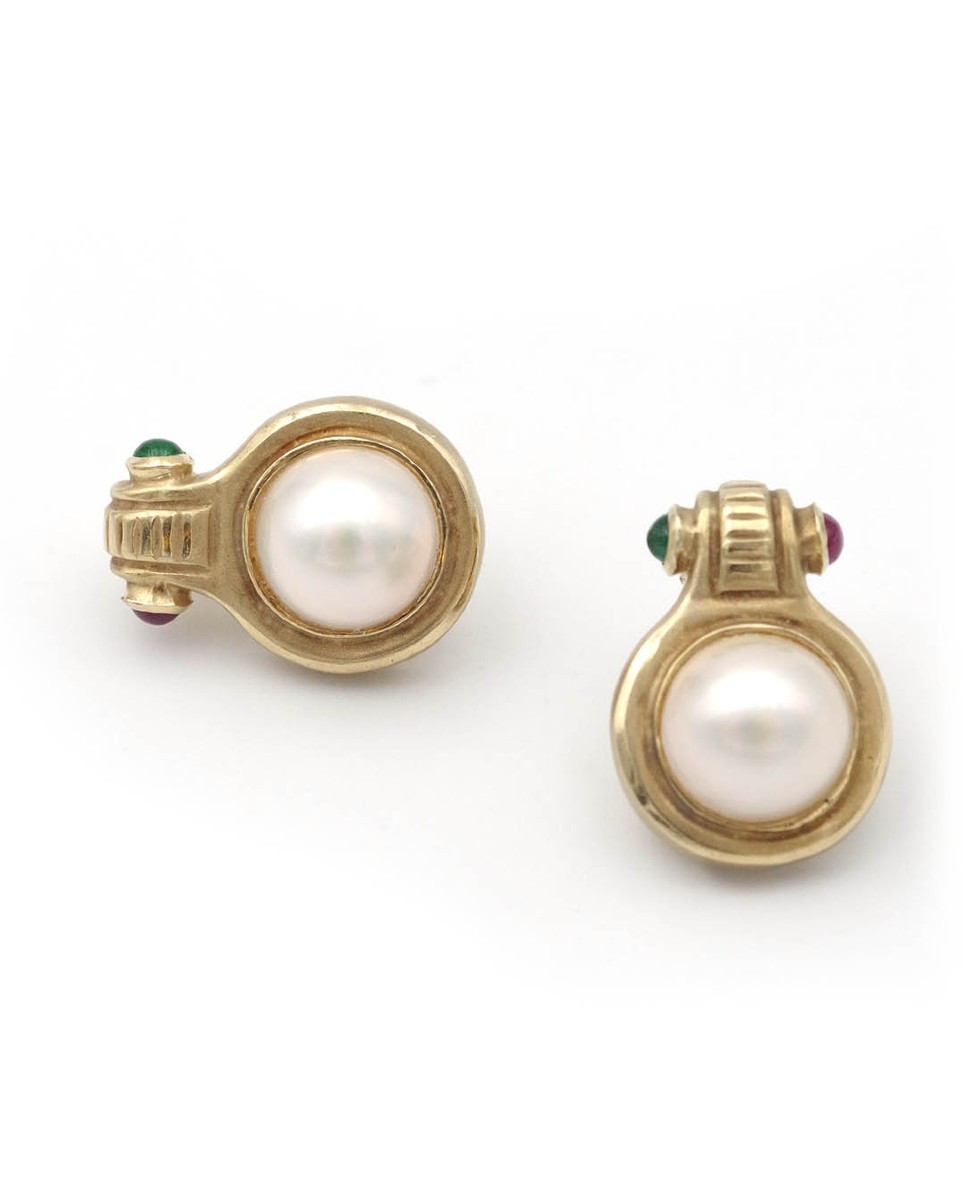 Clous d'oreille perle, rubis et chrysoprase en or mat 14k, boucles d'oreille fashion, vintage