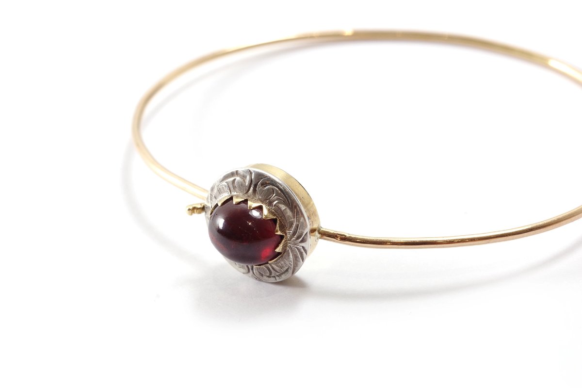 Bracelet fil jonc grenat en or rose 18k et argent, fermoir ancien, jonc fin, grenat -photo-1