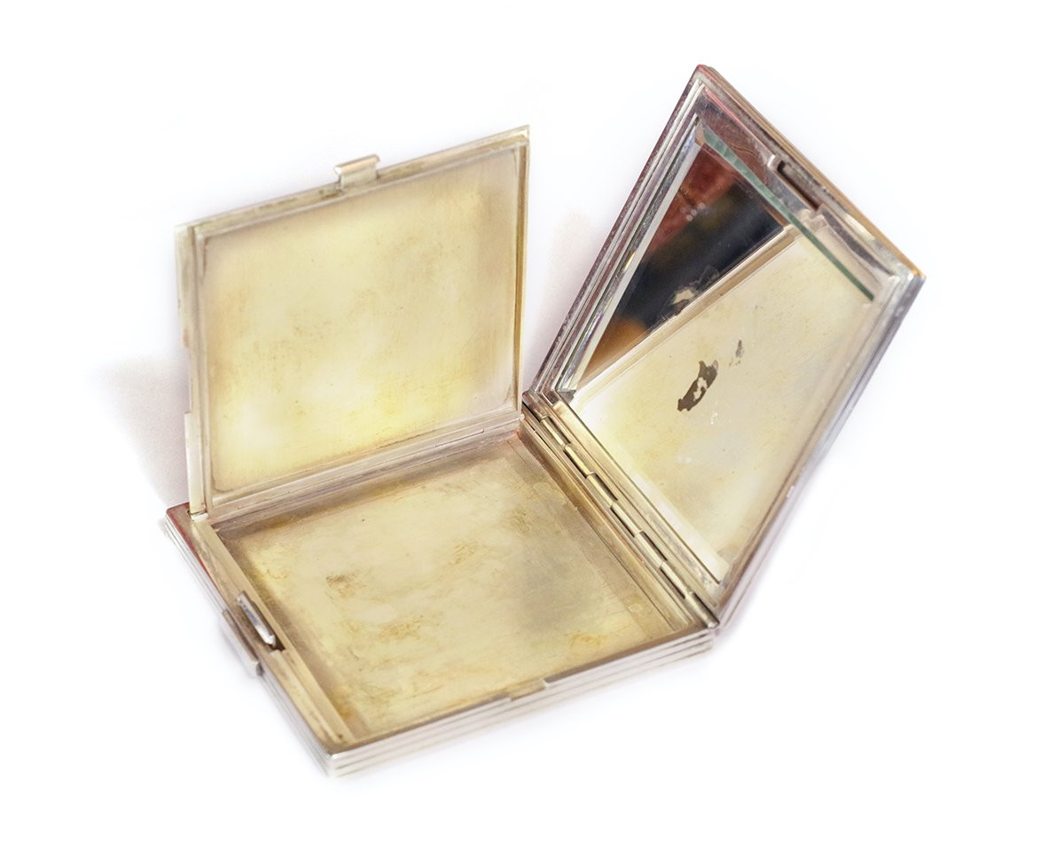 Retro Ruby Diamond Compact Powder In Silver And Vermeil, Vintage Box, Antique Case -photo-2