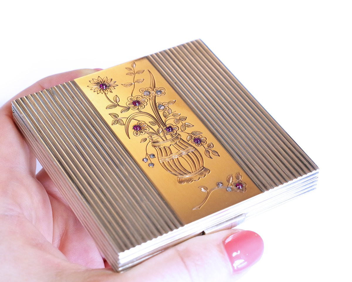 Retro Ruby Diamond Compact Powder In Silver And Vermeil, Vintage Box, Antique Case -photo-3